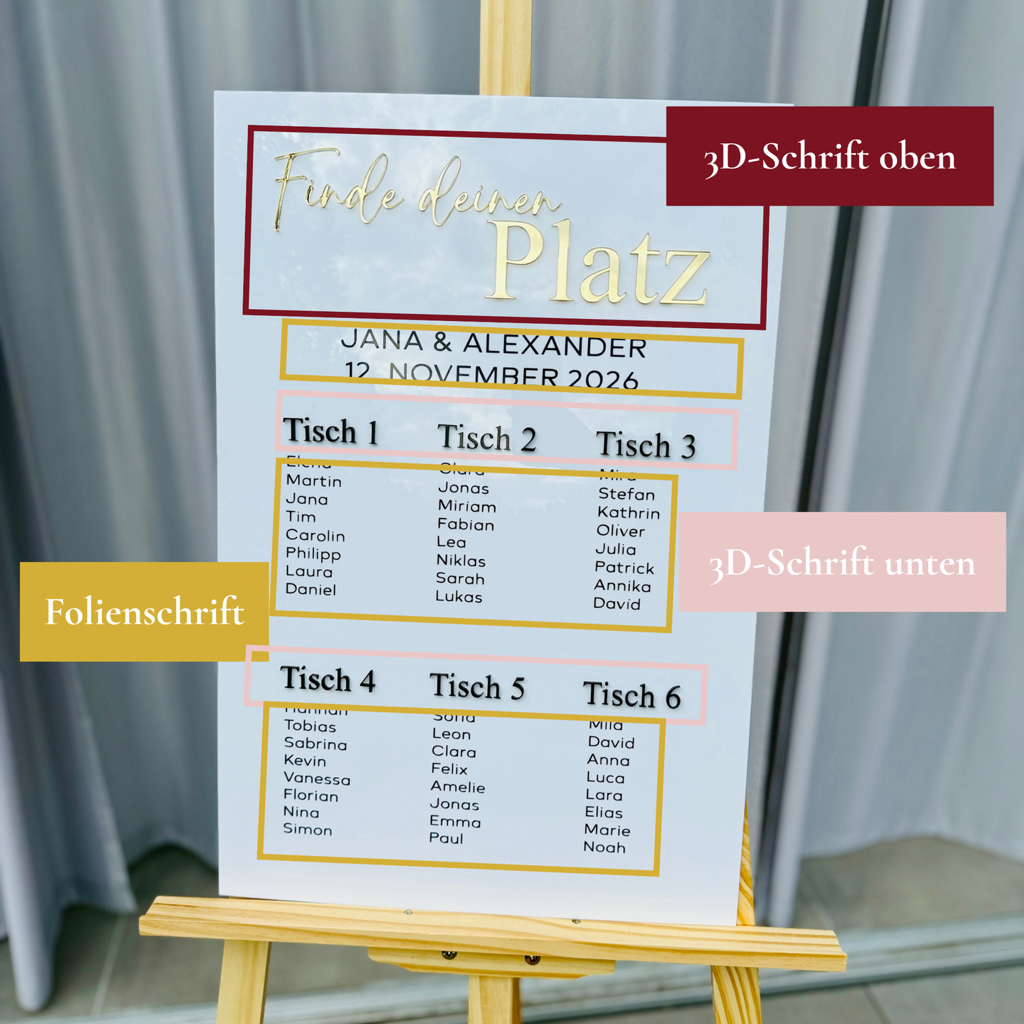 Sitzplan Hochzeit Acryl – Elegantes Design „Paris“ 3D für 50 - 100 Personen