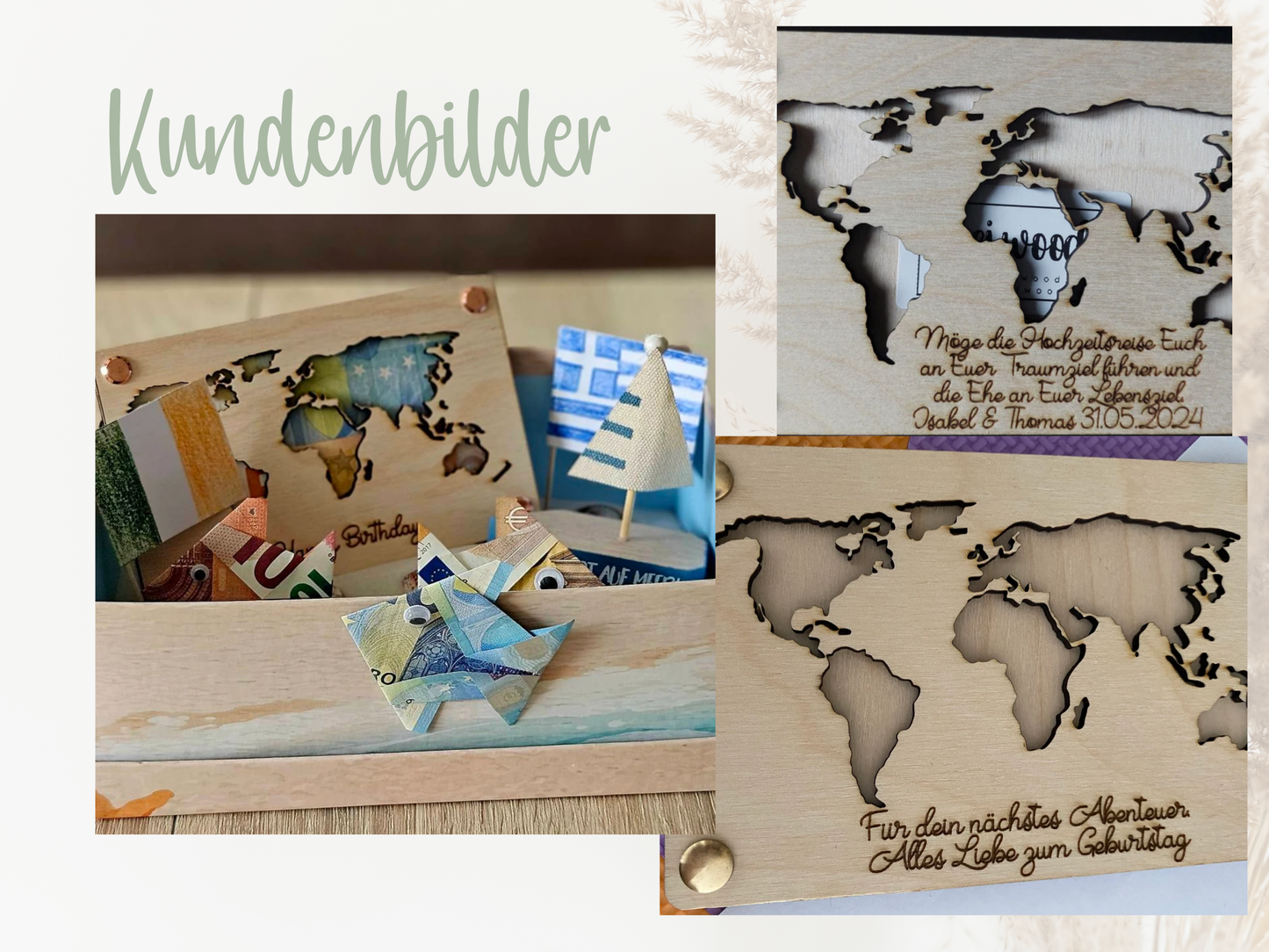 Holzkarte mit Weltkarte als Hochzeitsgeschenk oder als Geschenk zum Geburtstag - personalisierbar | Verschenke Geld für die Flitterwochen!
