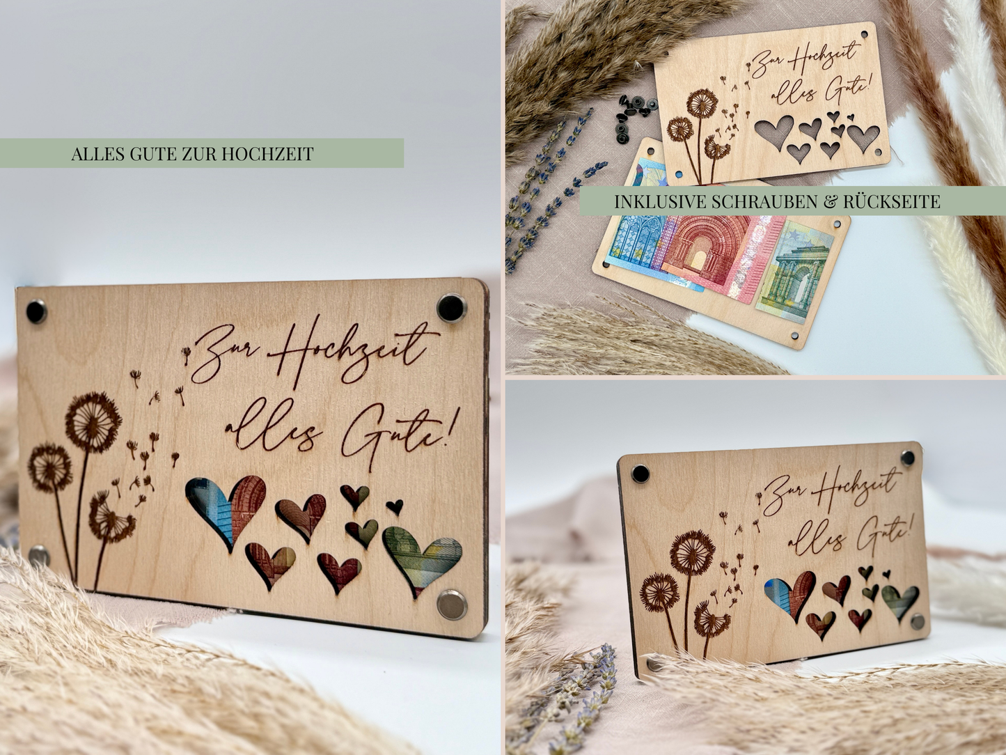 Geldgeschenk „Herzen & Pusteblume“ – Romantisches Hochzeitsgeschenk aus Holz