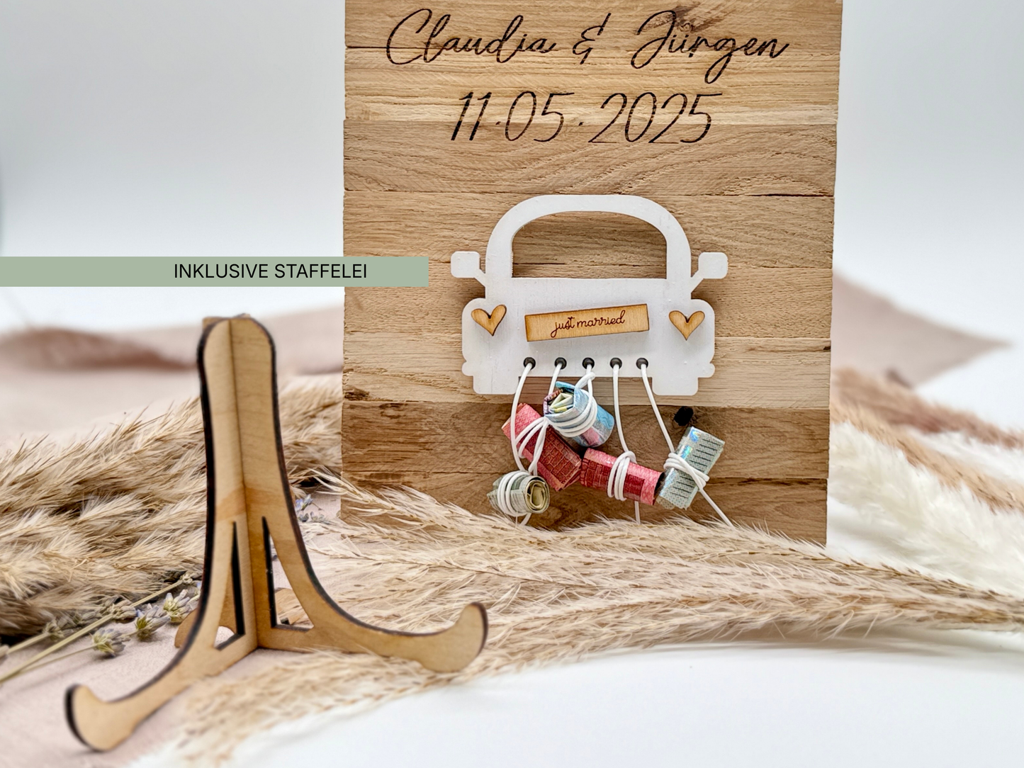 Holzplatte „Hochzeitsauto“ – Personalisiertes Geldgeschenk zur Hochzeit