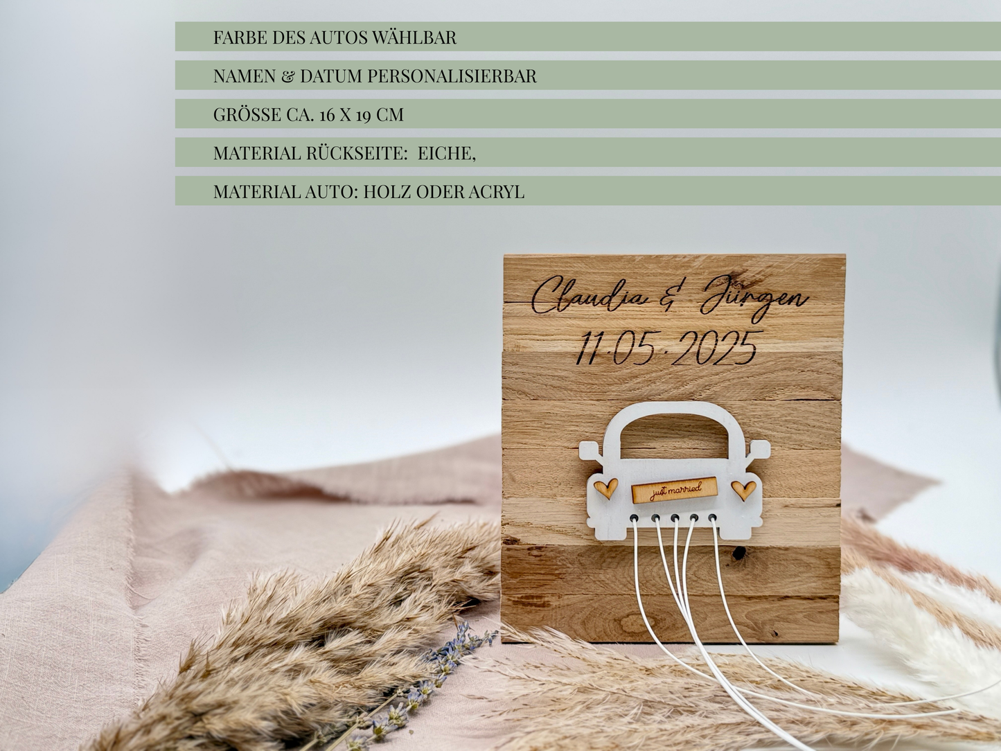 Holzplatte „Hochzeitsauto“ – Personalisiertes Geldgeschenk zur Hochzeit