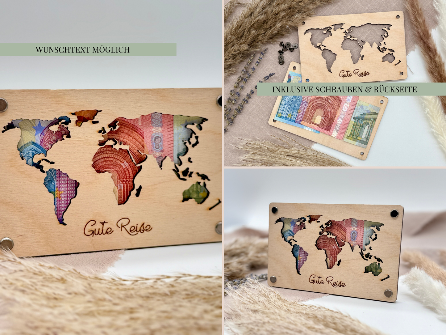 Holzkarte mit Weltkarte als Hochzeitsgeschenk oder als Geschenk zum Geburtstag - personalisierbar | Verschenke Geld für die Flitterwochen!