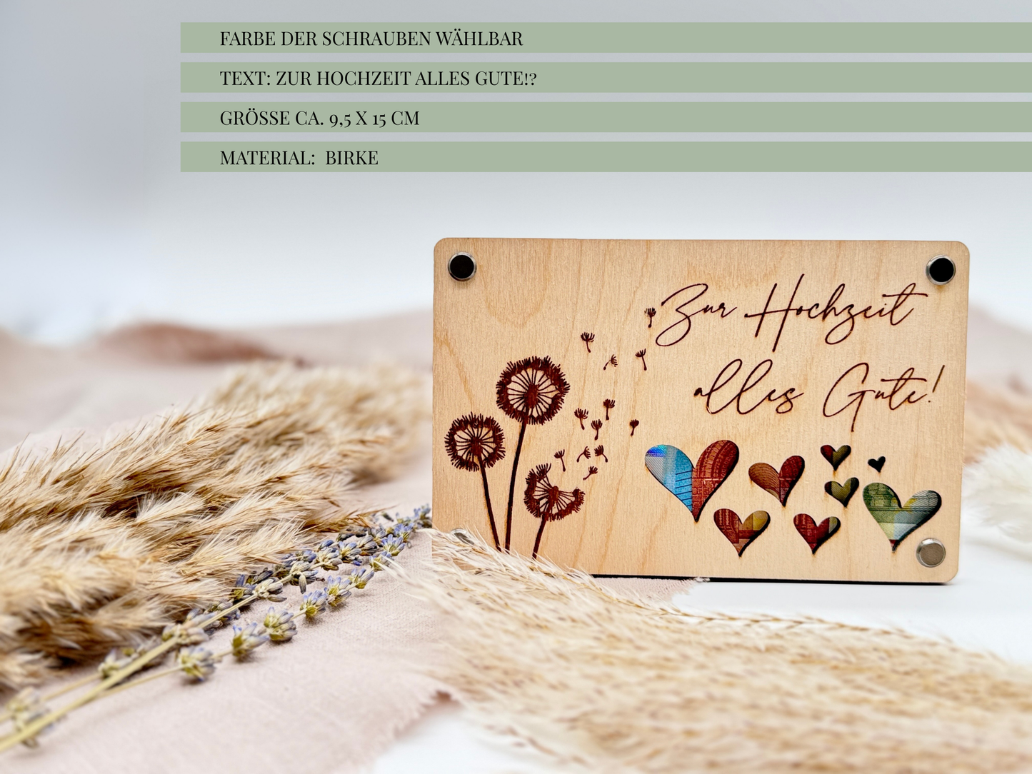 Geldgeschenk „Herzen & Pusteblume“ – Romantisches Hochzeitsgeschenk aus Holz