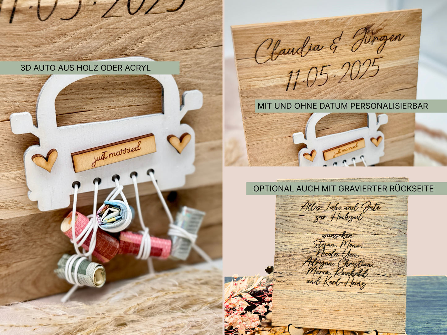 Holzplatte „Hochzeitsauto“ – Personalisiertes Geldgeschenk zur Hochzeit