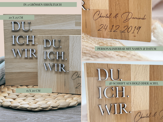 Holzschild „DU. ICH. WIR.“ – Personalisiertes Geschenk & modernes Hochzeitsgeschenk