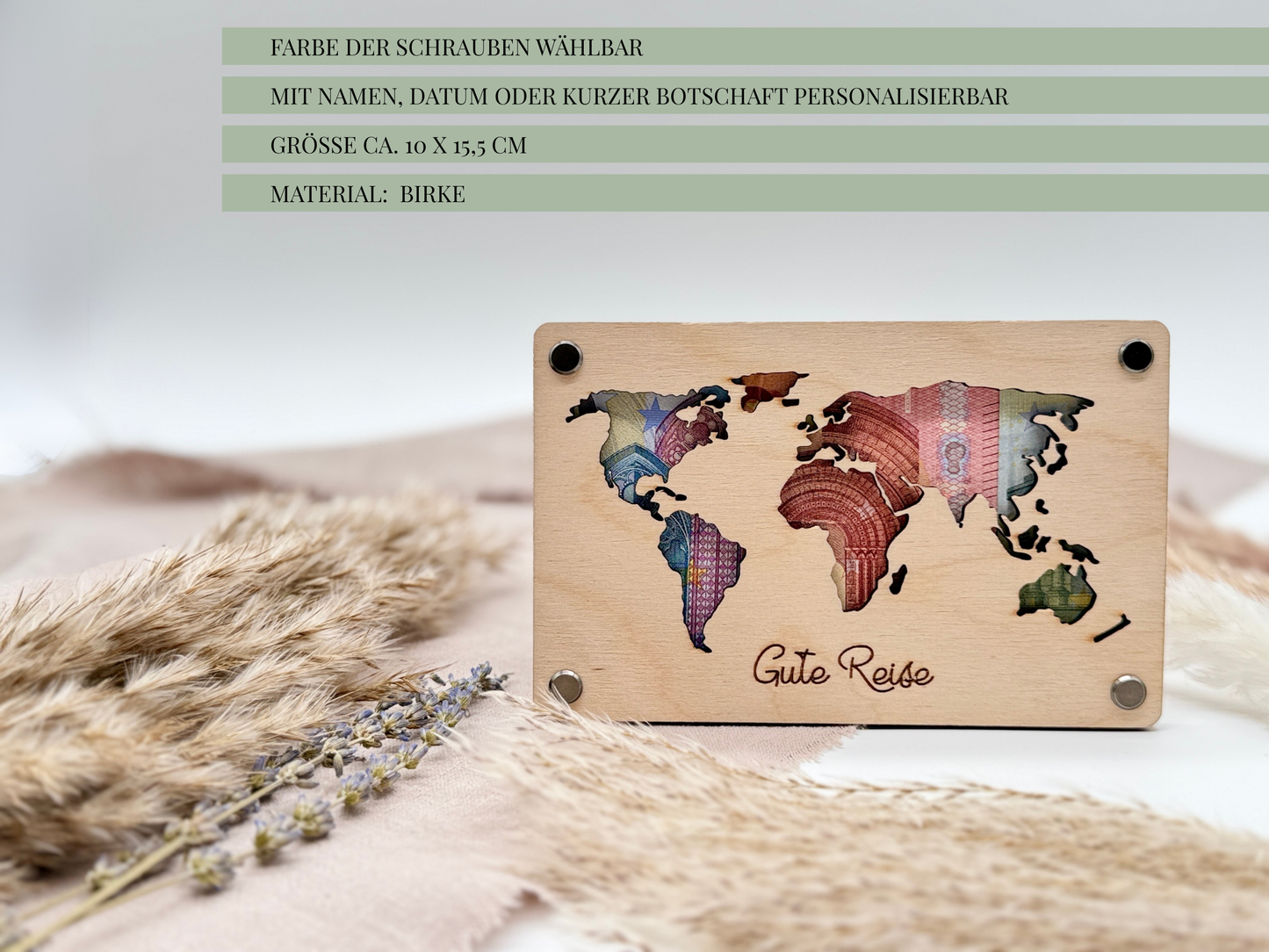 Holzkarte mit Weltkarte als Hochzeitsgeschenk oder als Geschenk zum Geburtstag - personalisierbar | Verschenke Geld für die Flitterwochen!