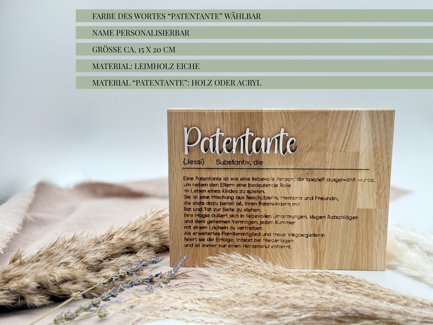 Holzschild „Patentante“ – Personalisiertes Geschenk zur Schwangerschaft oder Taufe